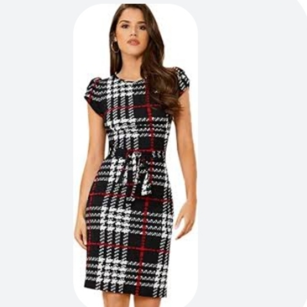 PLAID SHEATH DRESS SZ 6 BLACK, WHITE, RED - Picture 3 of 8
